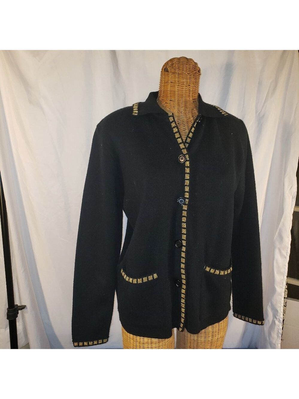 Karen Lessly Black Knit Blazer w/ Gold Trim Size S